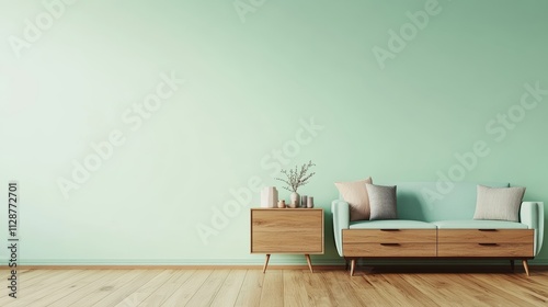 Green mint wall with sofa and sideboard on wood floor-interior
