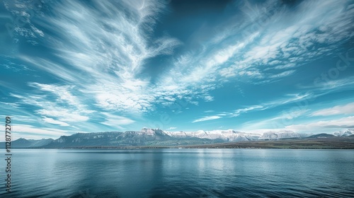 High-end photography of a serene lake with a distant mountain range, the sky above scattered with wondering clouds photo