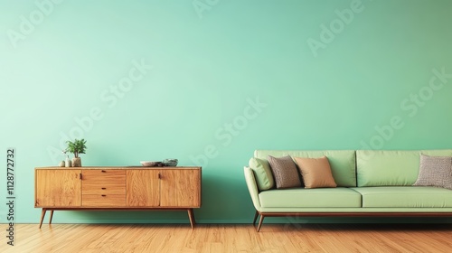 Green mint wall with sofa and sideboard on wood floor-interior