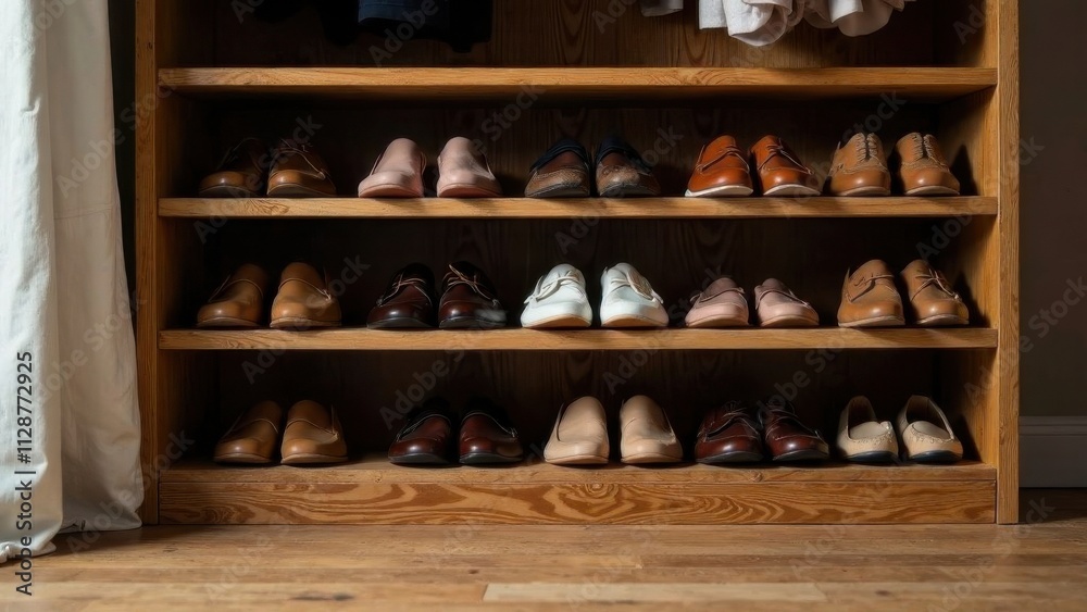 Mocha Mousse: Wooden shoe cabinet with neatly arranged men's shoes in different styles and colors Mocha Mousse: Wooden shoe cabinet with neatly arranged men's shoes in different styles and colors