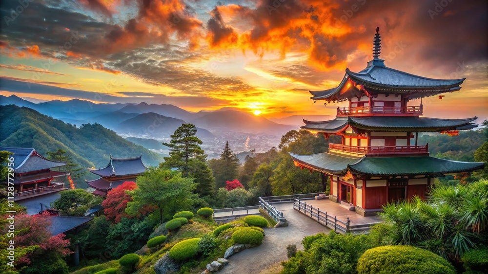 Fototapeta premium Captivating Shinto Shrines against a Majestic Sky in Japan's Serene Landscape, Showcasing Nature's Harmony with Cultural Heritage and Tranquil Atmospheres