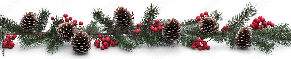 Christmas Garland with Pine Cones and Red Berries on White Background Christmas Garland with Pine Cones and Red Berries on White Background