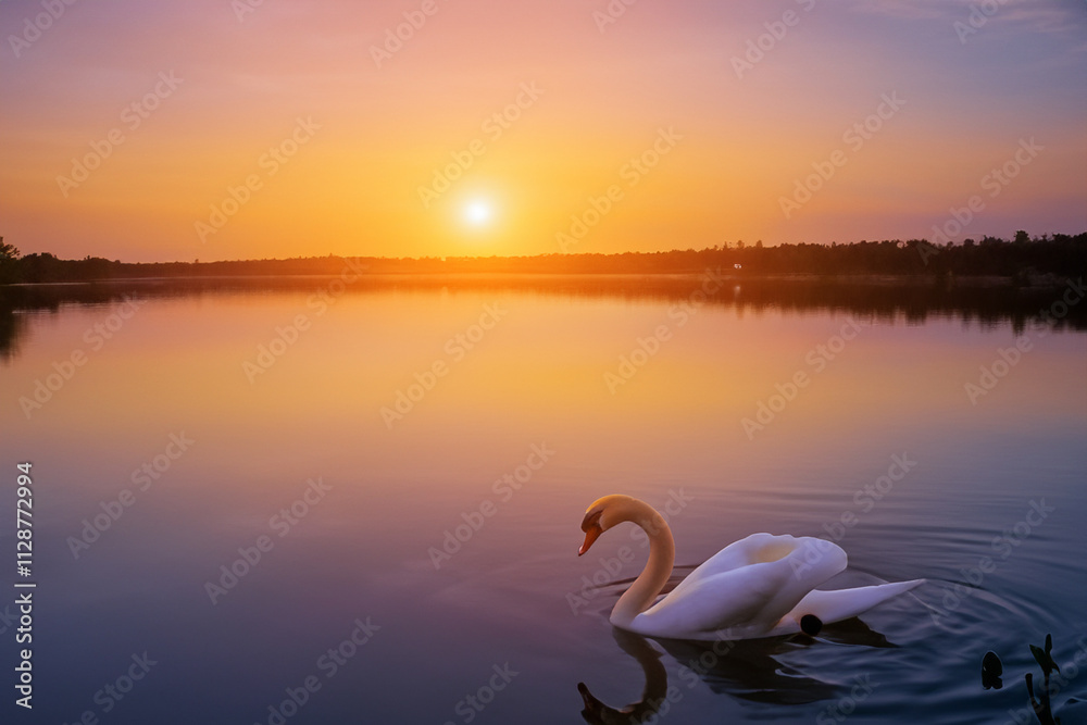 Fototapeta premium A swan swimming in water at sunset. Swans at sunset on the river. Swans in the nature at sunset on the white river. Swans in the evening at sunset in nature lifestyle.