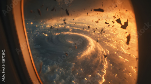 A close-up view of a tornado funnel surrounded by spiraling debris seen through the side window of a plane. photo