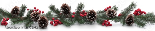 Christmas Garland with Pine Cones and Red Berries on White Background