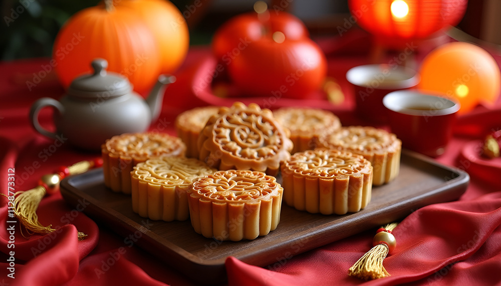 Mooncakes on a wooden platter with tea set and festive decorations for Mid-Autumn Festival concept
Mooncakes on a wooden platter with tea set and festive decorations for Mid-Autumn Festival concept