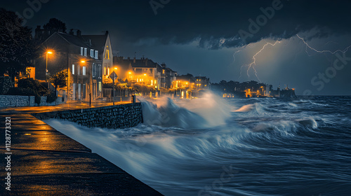A coastal town at night with storm waves crashing into a seawall lit by occasional flashes of lightning.