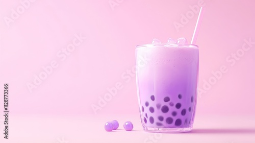 Taro milk tea with boba pearls, purple drink in a glass cup,