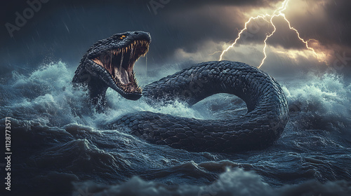 A colossal sea serpent thrashing in the waves of a mythical storm lightning illuminating its scaled body. photo