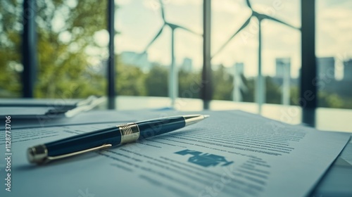 Documents related to sustainable finance are spread on a table with a pen resting nearby. photo