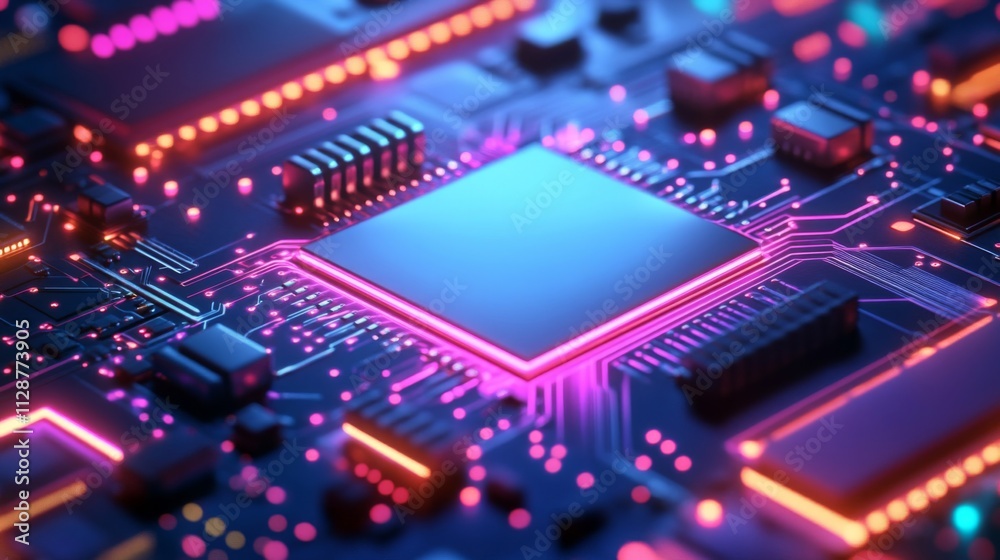 Close-up of a glowing computer chip on a circuit board Close-up of a glowing computer chip on a circuit board