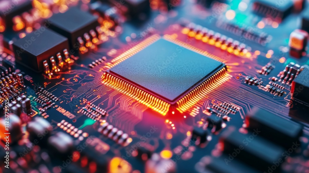 Close-up of a microprocessor on a circuit board with glowing orange circuitry Close-up of a microprocessor on a circuit board with glowing orange circuitry