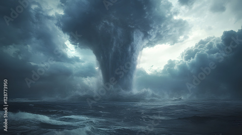 A colossal waterspout rising from the ocean during a violent storm with clouds swirling ominously above. photo