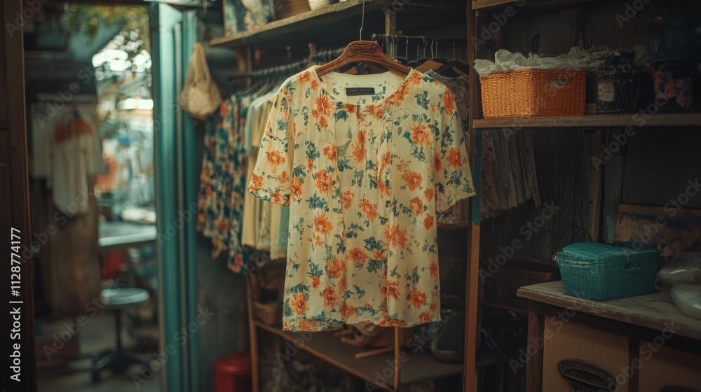 Floral Patterned Blouse Hanging in a Closet Floral Patterned Blouse Hanging in a Closet