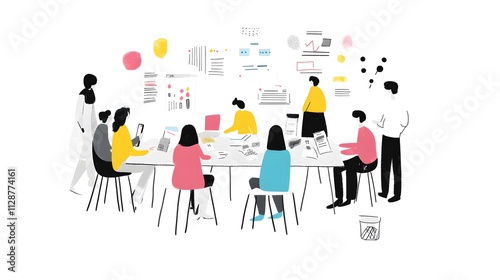 A flat vector illustration of several people working together on an advertising project, with documents and charts spread out around them