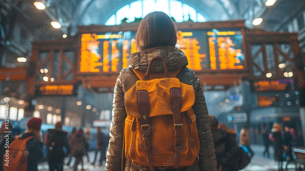 Backpack Ready: Woman Tourist Looking to Board at the Railway Station Backpack Ready: Woman Tourist Looking to Board at the Railway Station