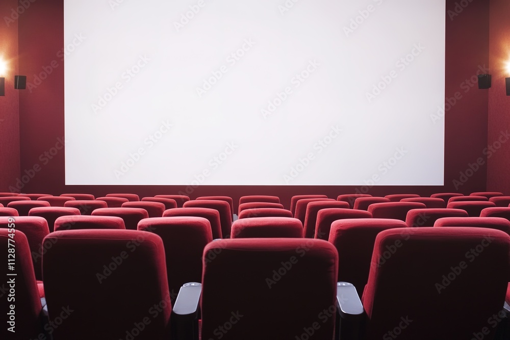 modern movie theater with rows of plush red seats facing blank projection screen modern movie theater with rows of plush red seats facing blank projection screen