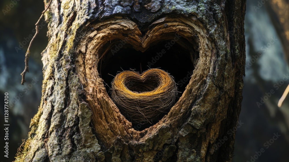 Heart-shaped bird nest in hollow tree trunk Heart-shaped bird nest in hollow tree trunk