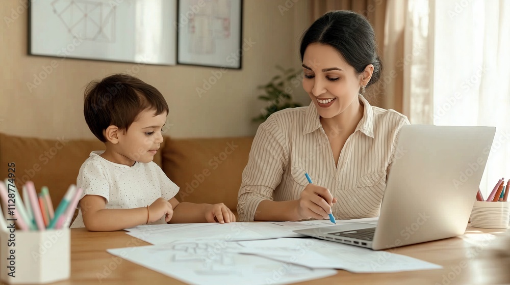 Indian woman helping her little son with his studies at the dining table. A moment of care, patience and education symbolizing motherly devotion and importance of learning Indian woman helping her little son with his studies at the dining table. A moment of care, patience and education symbolizing motherly devotion and importance of learning