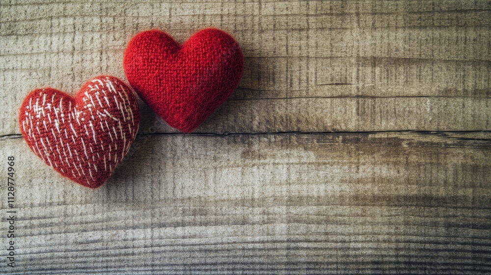 Fototapeta premium Valentines day background with two hearts on wooden background