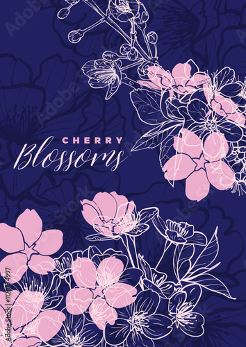 A4 print design with line art cherry blossoms. Vector hand drawn outline of these beautiful spring flowers on blue and pink background. Ready to be used in print and online projects.