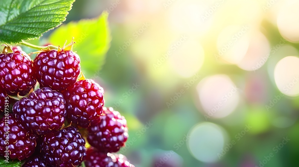 Ripe Blackberries Cluster On Branch With Green Leaves Ripe Blackberries Cluster On Branch With Green Leaves