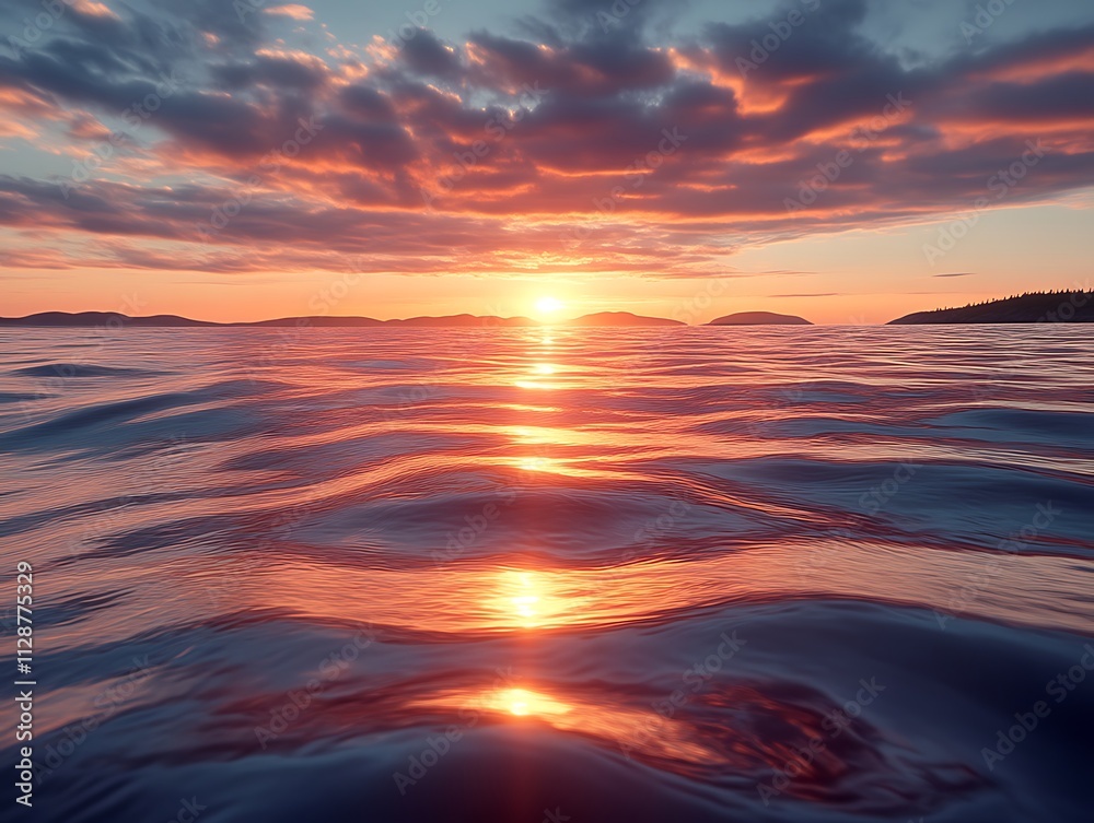 Fototapeta premium Sunset Over Calm Ocean Water Islands In Distance