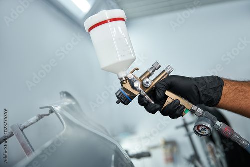 A skilled mechanic is applying paint to a car with precision in a well equipped garage. photo