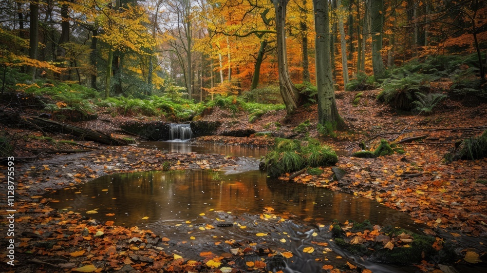 High-end photography of a serene forest clearing with a small, bubbling brook and vibrant autumn foliage High-end photography of a serene forest clearing with a small, bubbling brook and vibrant autumn foliage