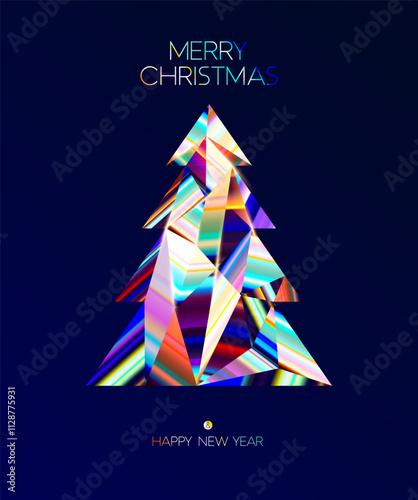 Crystal colorful Christmas tree. Fir-tree of colorful glass. Festive greeting card design.