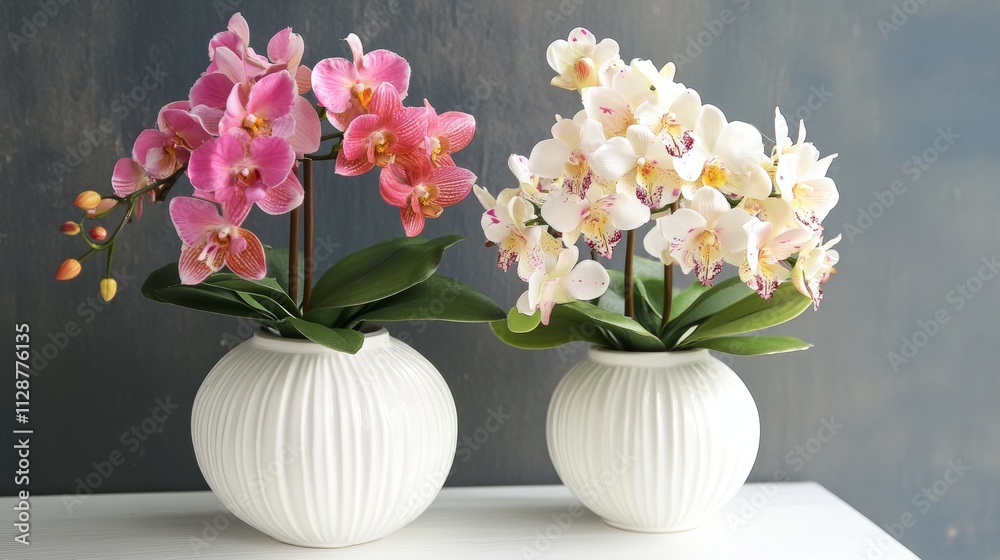 Beautiful orchids in white vase on white table Beautiful orchids in white vase on white table