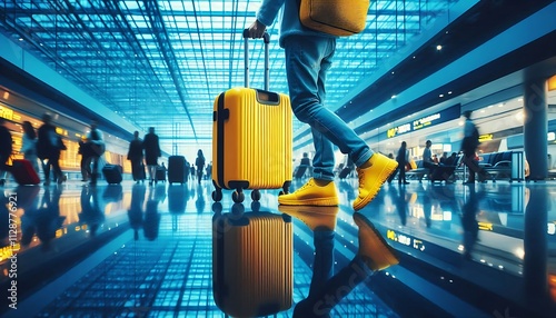 Traveler Walking Through Airport Terminal with Bright Yellow Luggage . Going to gate past large window, talking, enjoying tourism, voyage, business trip ,mobile phone ,adventure ,departure