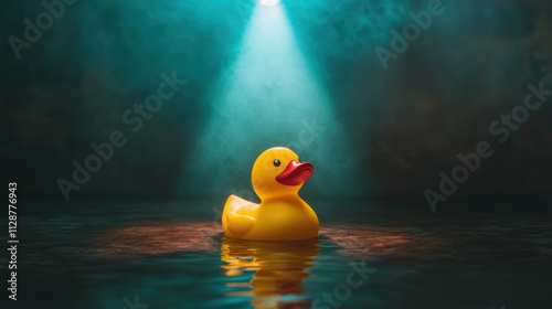 A solitary rubber duck floats serenely in calm water, illuminated by a dramatic light beam, creating a playful yet moody atmosphere. photo