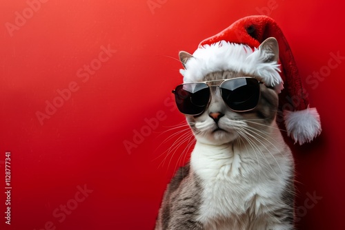 Merry Christmas concept holiday vacation winter animal pet greeting card - Cool santa claus cat with sunglasses and santa hat, isolated on red background. MZ