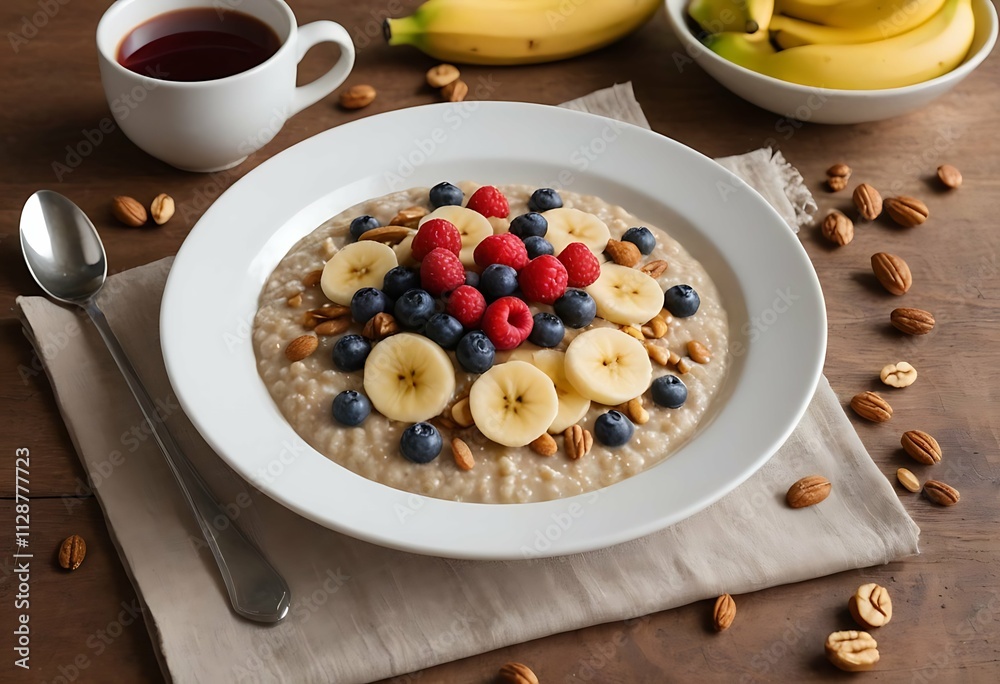 Amaranth porridge.Healthy oatmeal bowl topped with bananas, raspberries, blueberries, and nuts on a rustic table
Amaranth porridge.Healthy oatmeal bowl topped with bananas, raspberries, blueberries, and nuts on a rustic table