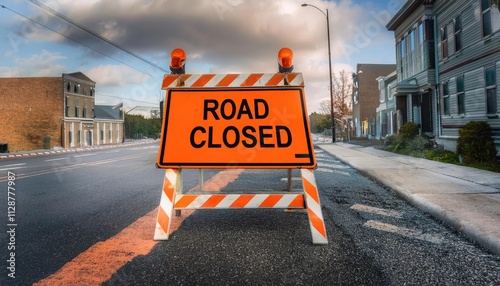 orange Road Closed sign on a barricade with reflective tape on road photo