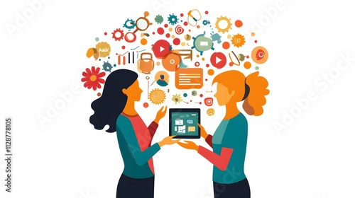 Flat vector illustration of two business women holding a tablet, surrounded by charts, graphs, and flowers