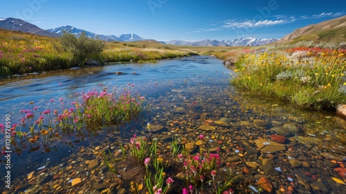 High-end photography of a remote alpine meadow with colorful wildflowers, a clear stream, and distant mountains photo