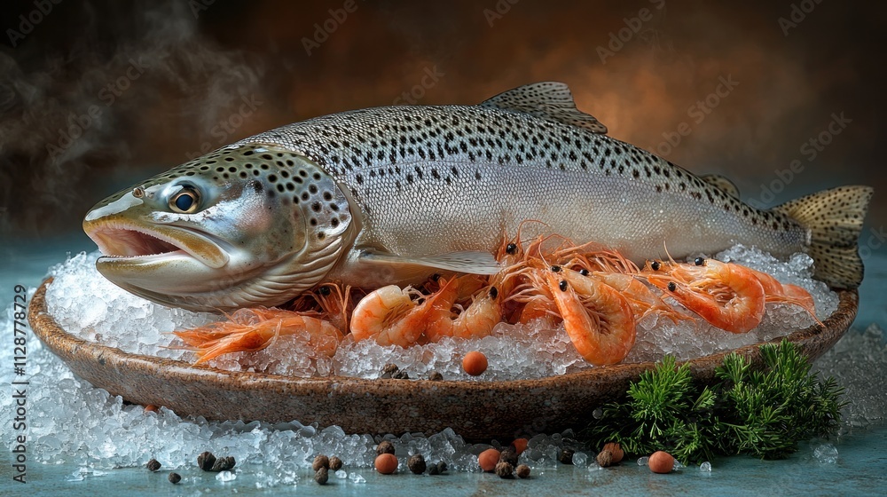 Fresh salmon and shrimp on ice. Fresh salmon and shrimp on ice.