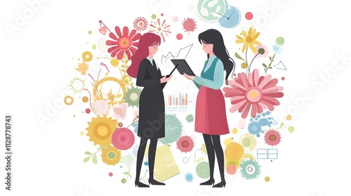 Flat vector illustration of two business women holding a tablet, surrounded by charts, graphs, and flowers