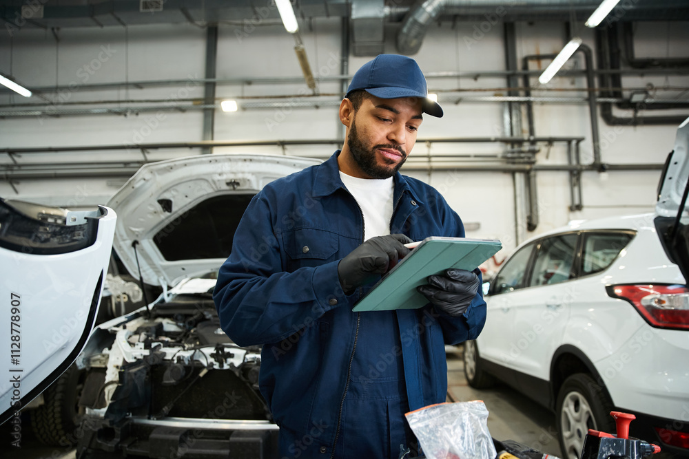 Handsome mechanic inspects vehicle information while working in a bustling auto repair shop Handsome mechanic inspects vehicle information while working in a bustling auto repair shop
