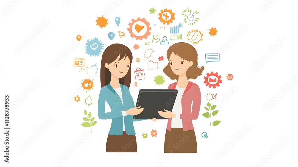 Flat vector illustration of two business women holding a tablet, surrounded by charts, graphs, and flowers Flat vector illustration of two business women holding a tablet, surrounded by charts, graphs, and flowers