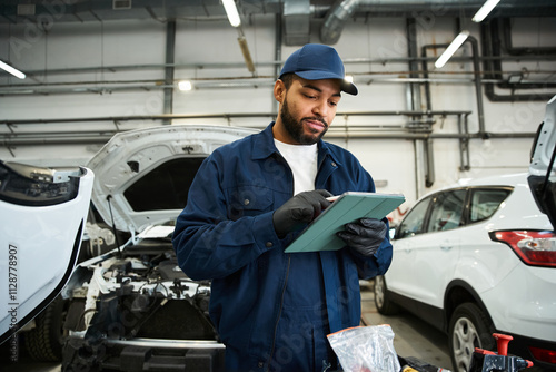 Handsome mechanic inspects vehicle information while working in a bustling auto repair shop photo