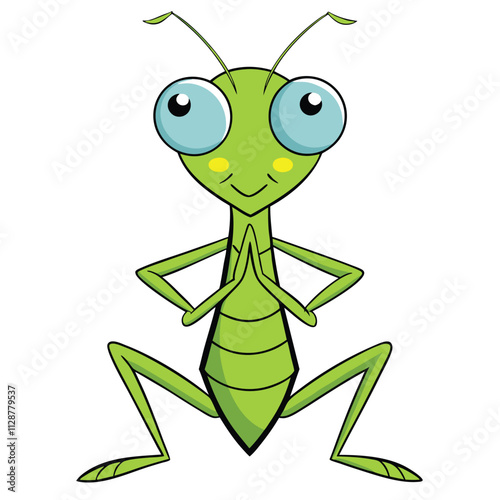 Flat vector illustration in children's style. Cute praying mantis on white background