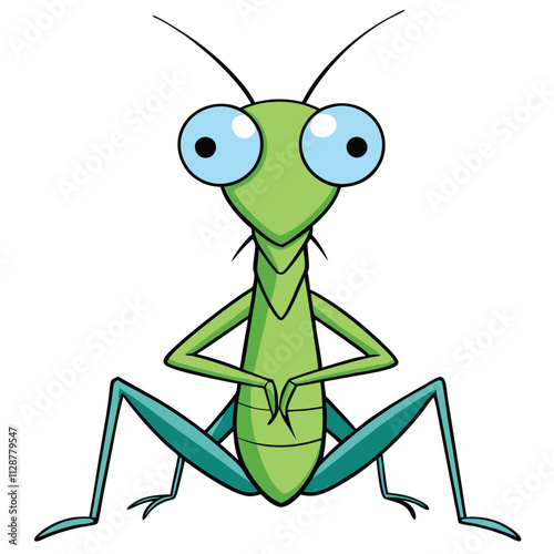 Flat vector illustration in children's style. Cute praying mantis on white background