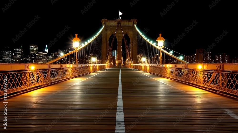 Fototapeta premium Nighttime view of Brooklyn Bridge with illuminated lights and Manhattan skyline in the background