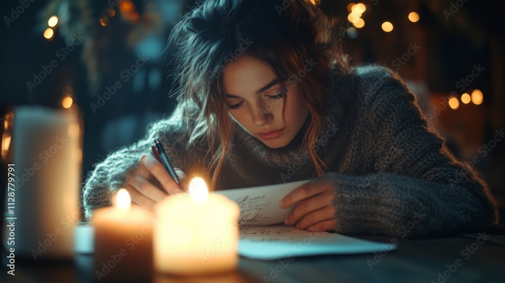 Woman Writing by Candlelight in a Cozy Setting Woman Writing by Candlelight in a Cozy Setting