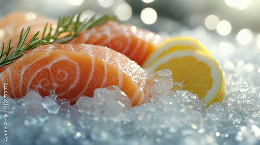 Fresh salmon fillets on ice with lemon and rosemary. Fresh salmon fillets on ice with lemon and rosemary.