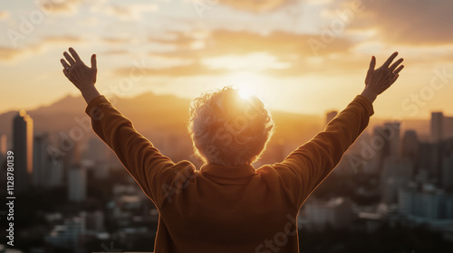 Wallpaper Mural Senior woman embracing a sunset over the city skyline Torontodigital.ca