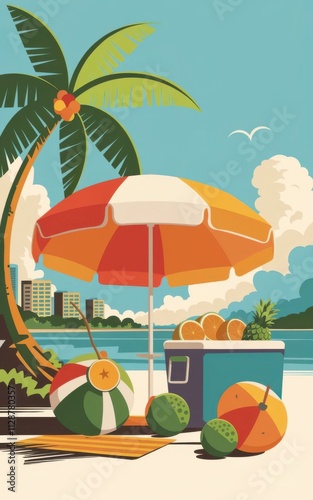  A vector illustration of a summer party with tropical fruits, palm tree, and beach umbrella under a clear sky